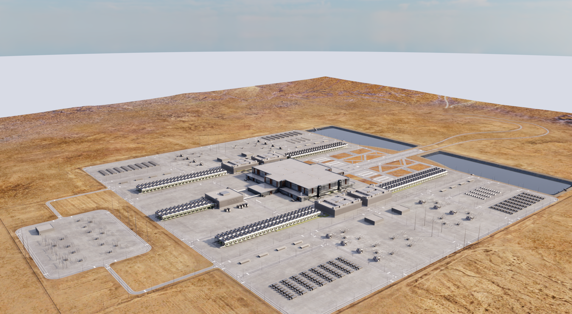Aerial still of NVIDIA’s DSX AI-factory campus digital twin — headless Kit + RTX on an Enverge.ai Pro 6000